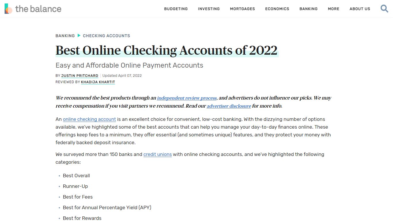 Best Online Checking Accounts of 2022 - The Balance